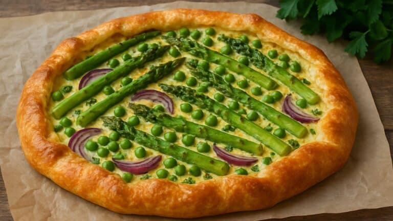 Tarte aux asperges et petits pois sur pâte dorée.