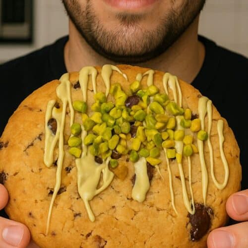 Cookie pistache aux pépites de chocolat.