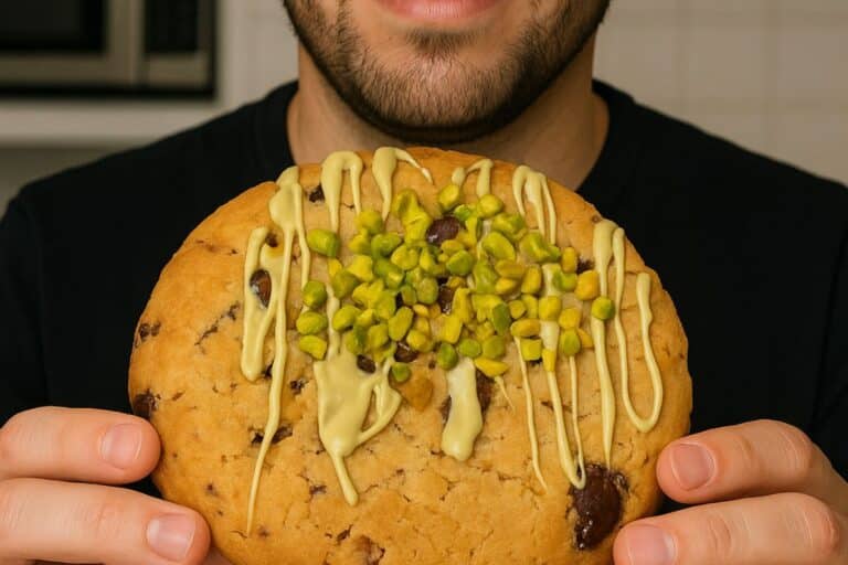 Cookie pistache aux pépites de chocolat.