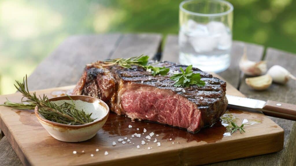 Steak grillé avec herbes et sel.