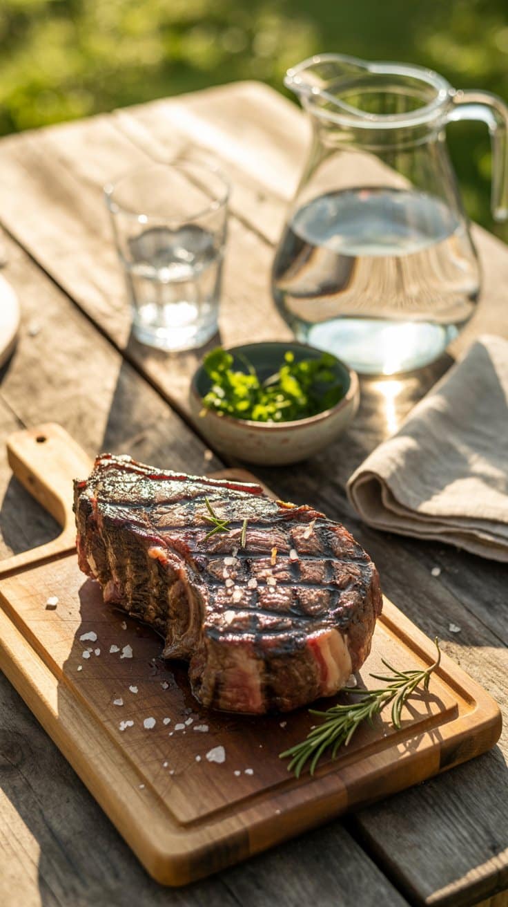 Steak grillé avec herbes sur planche de bois.