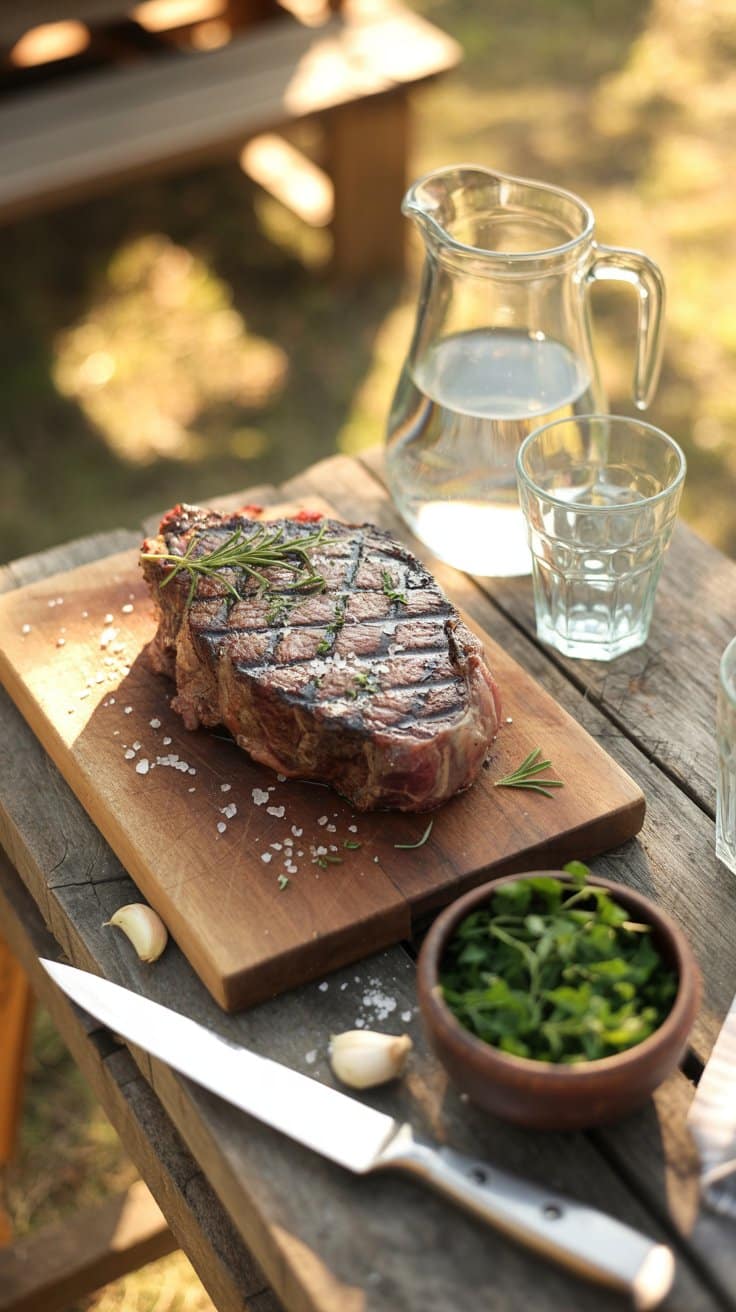 Steak grillé sur planche avec herbes.