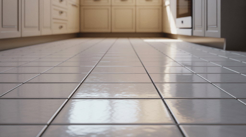 Sol en carrelage blanc brillant dans une cuisine.