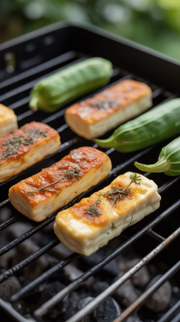 Fromage grillé et légumes sur barbecue.