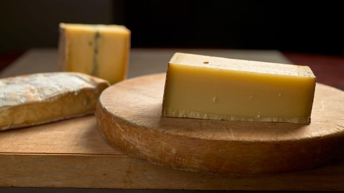Plateau de fromages divers sur planche en bois.