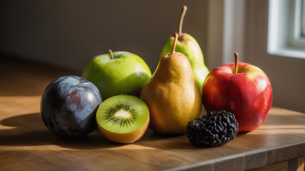 Fruits variés sur une table en bois.