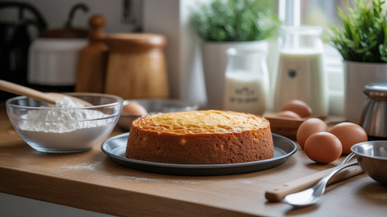 Gâteau prêt à déguster sur le plan de travail.
