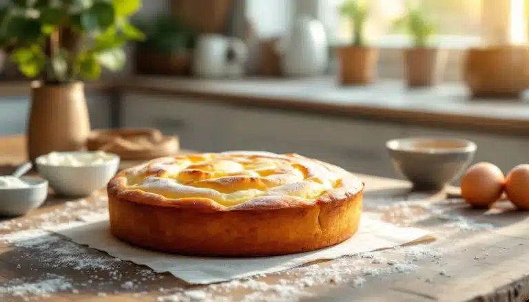 Gâteau au fromage sur une table ensoleillée.