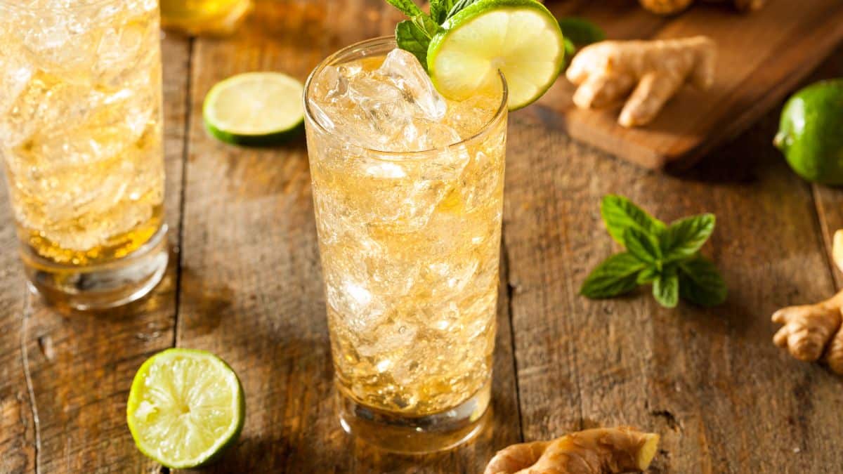 Cocktail avec glace, lime et menthe, vue rapprochée.