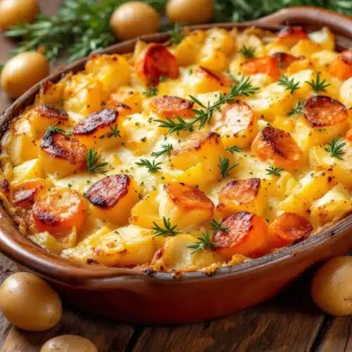 Gratin de pommes de terre et carottes, plat rustique.