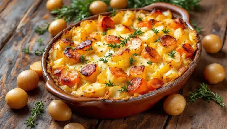 Gratin de pommes de terre et carottes, plat rustique.