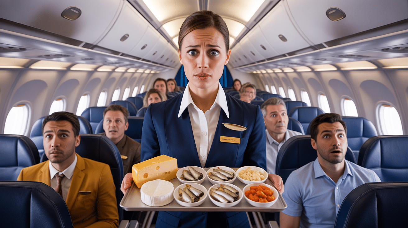 Hôtesse de l'air offre plateau-repas avec poissons.