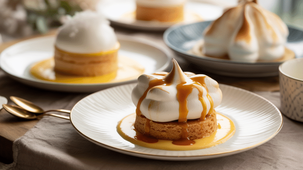 Desserts meringués avec sauce caramel sur assiettes.