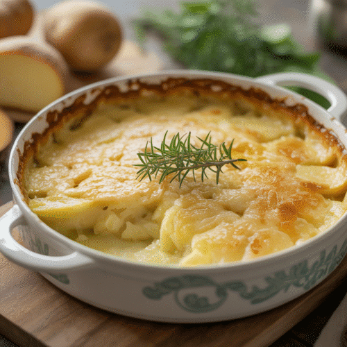 Gratin dauphinois doré dans un plat en céramique.