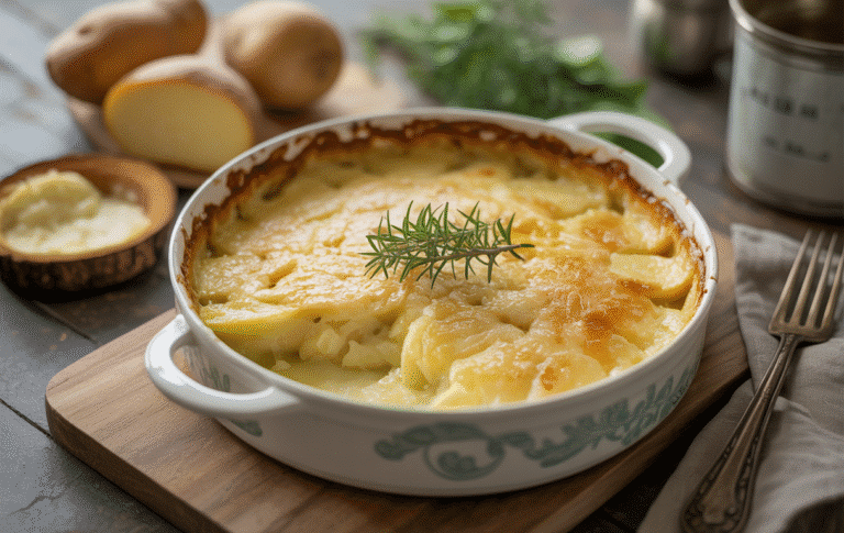 Gratin dauphinois doré dans un plat en céramique.