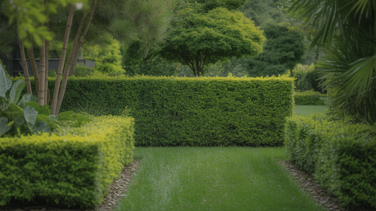 Jardin avec haies taillées et allée engazonnée.