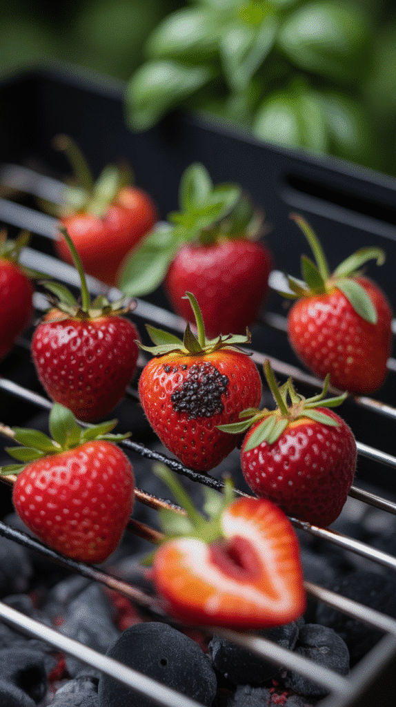 Fraises grillées sur barbecue charbon.