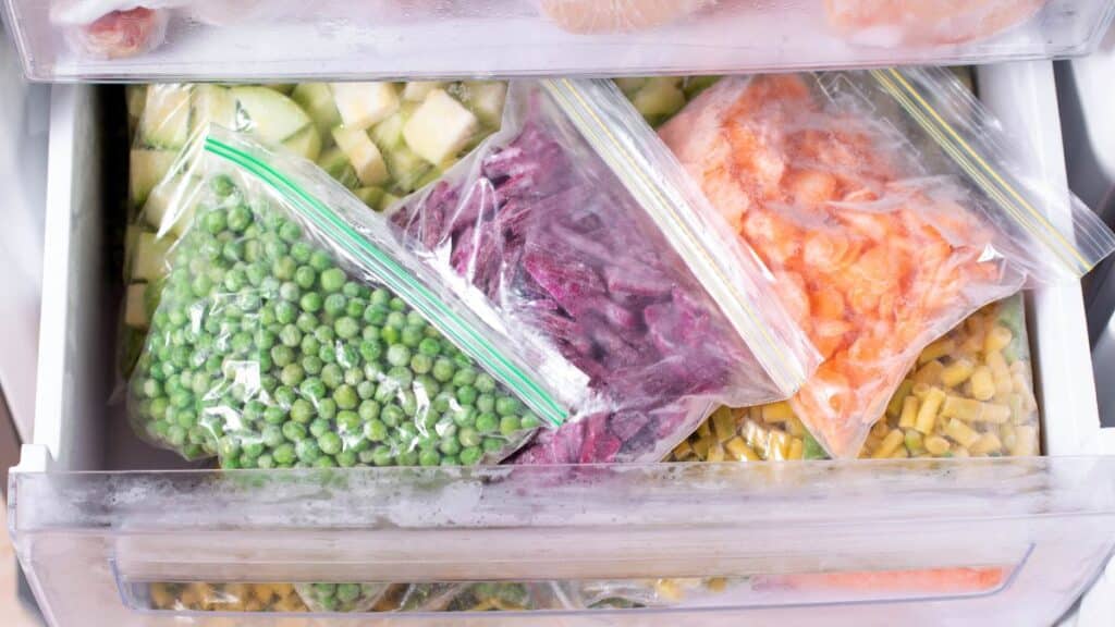 Sacs de légumes surgelés dans un congélateur.