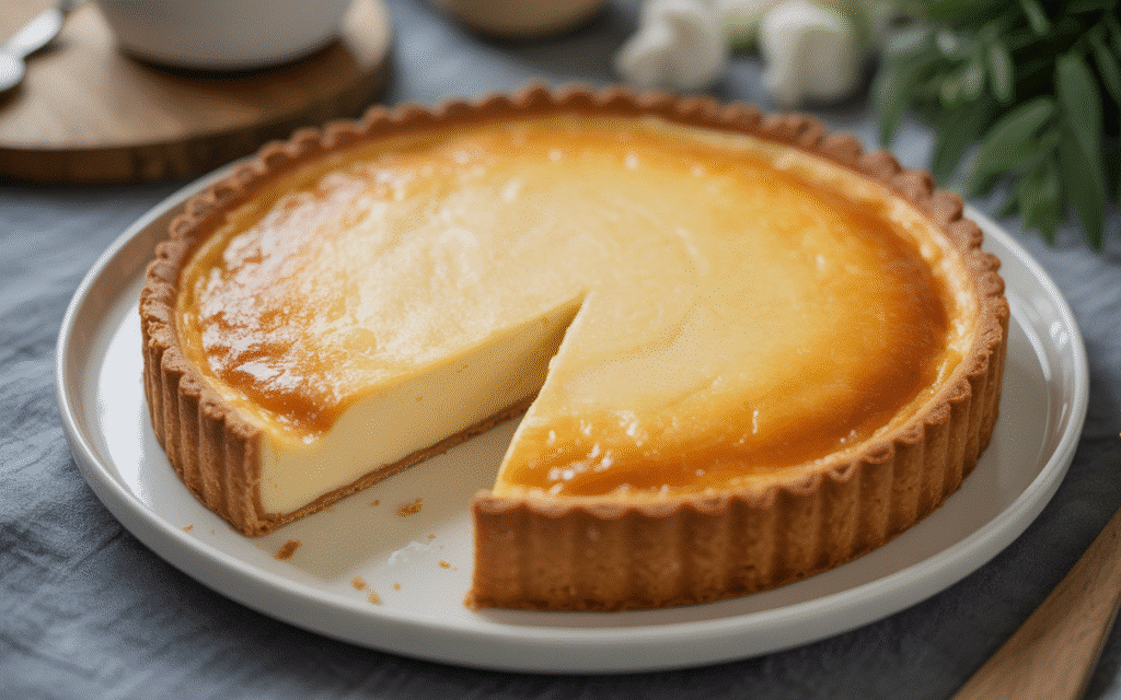 Tarte au fromage sur assiette blanche avec part manquante.