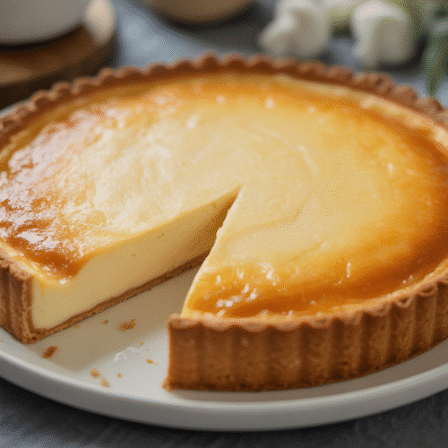 Tarte au fromage sur assiette blanche avec part manquante.
