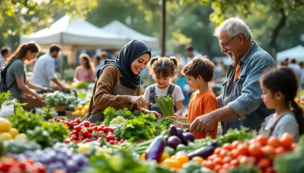 Famille achetant des légumes au marché.