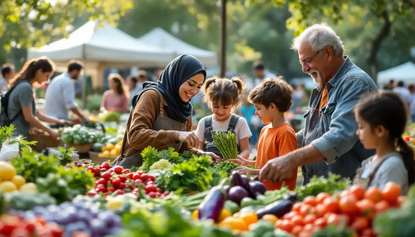 Famille achetant des légumes au marché.