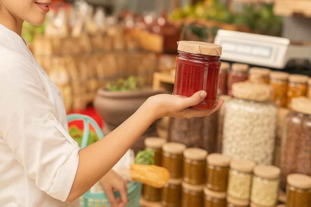 Personne tenant un bocal de confiture rouge.
