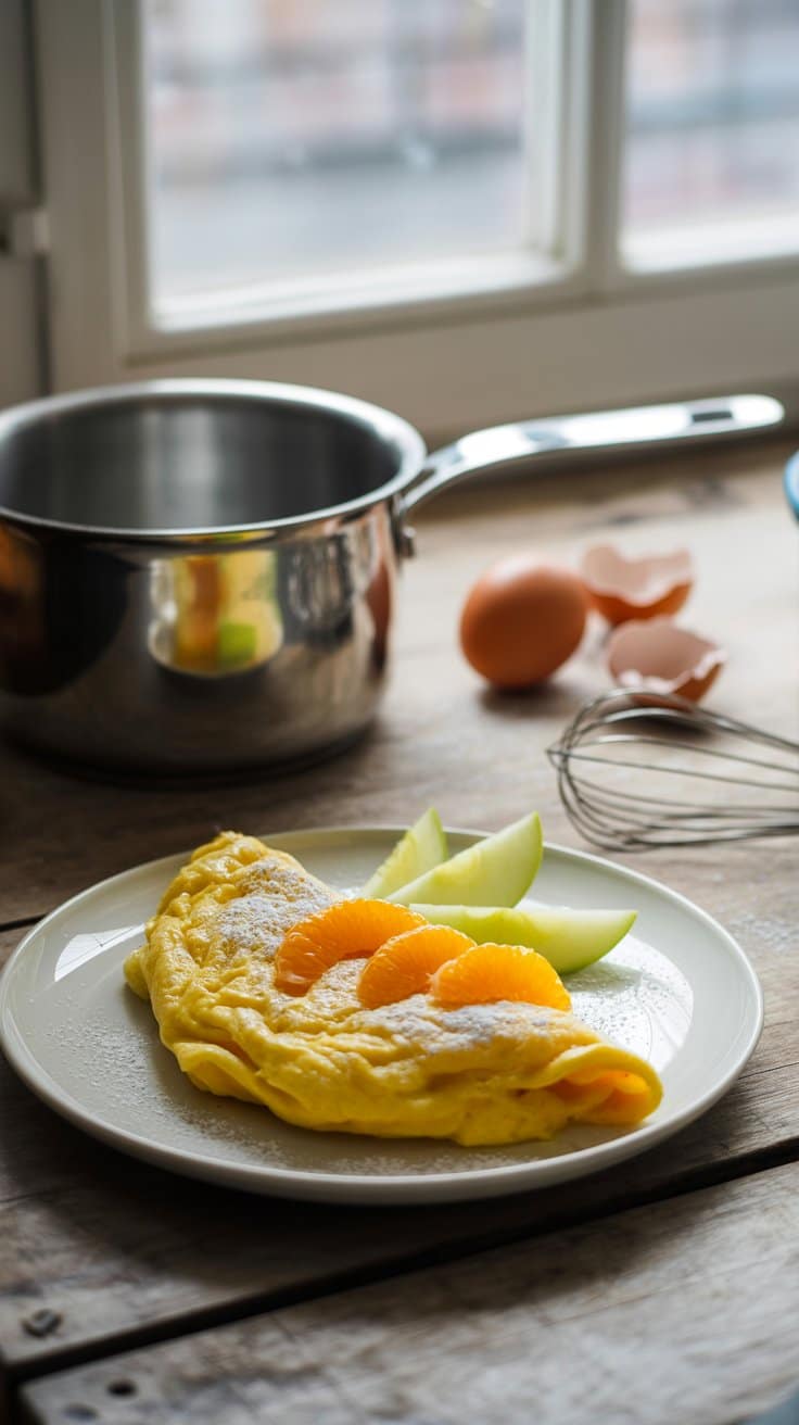 Omelette aux fruits sur une table en bois.