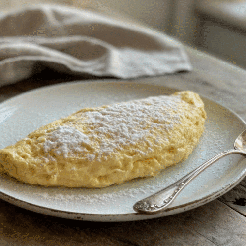 Omelette sucrée avec sucre glace sur assiette.