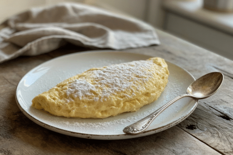 Omelette sucrée avec sucre glace sur assiette.