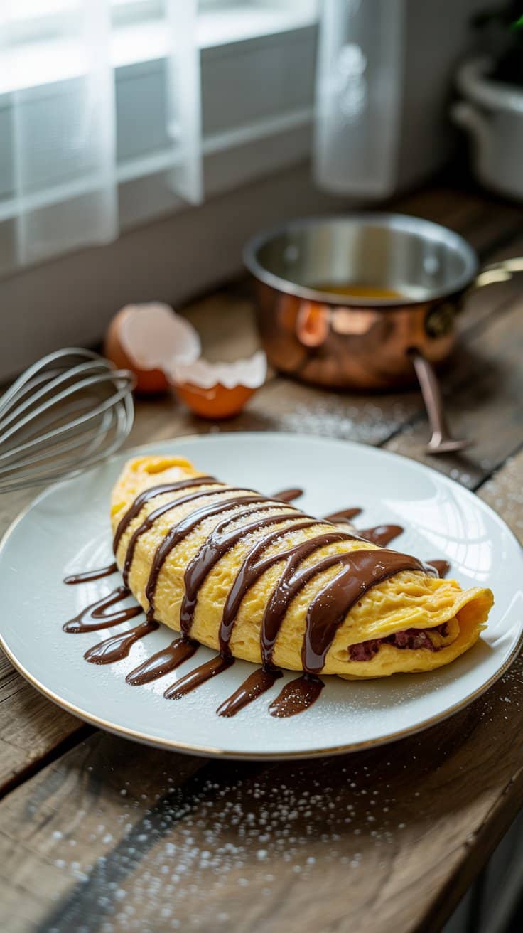 Omelette sucrée garnie de chocolat et fruits rouges.
