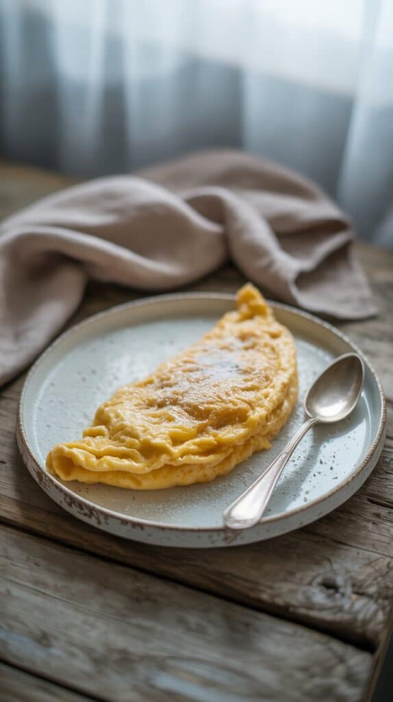 Omelette dorée dans une assiette blanche.