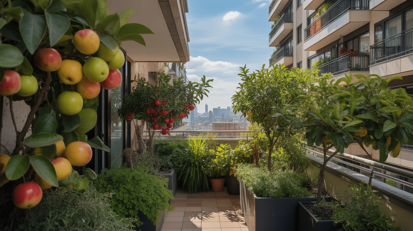 Balcon avec arbres fruitiers et vue urbaine lointaine.