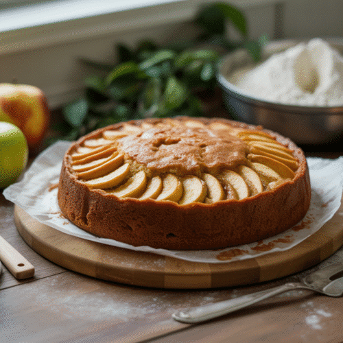 Gâteau aux pommes entouré d'ingrédients frais.