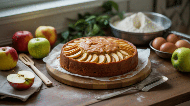Gâteau aux pommes entouré d'ingrédients frais.