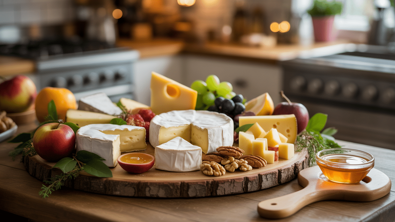 Plateau de fromages avec fruits et noix