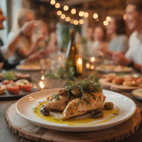 Dîner festif avec amis, plat de poulet gourmet.