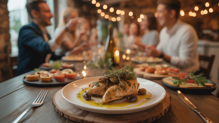 Dîner festif avec amis, plat de poulet gourmet.