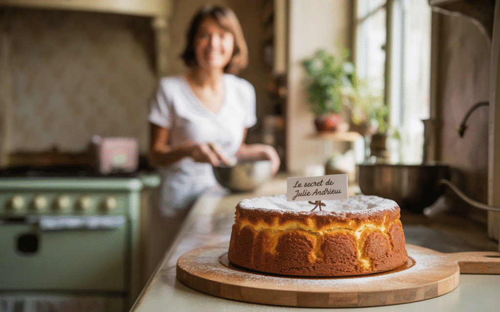 Gâteau moelleux sur planche en cuisine rustique.