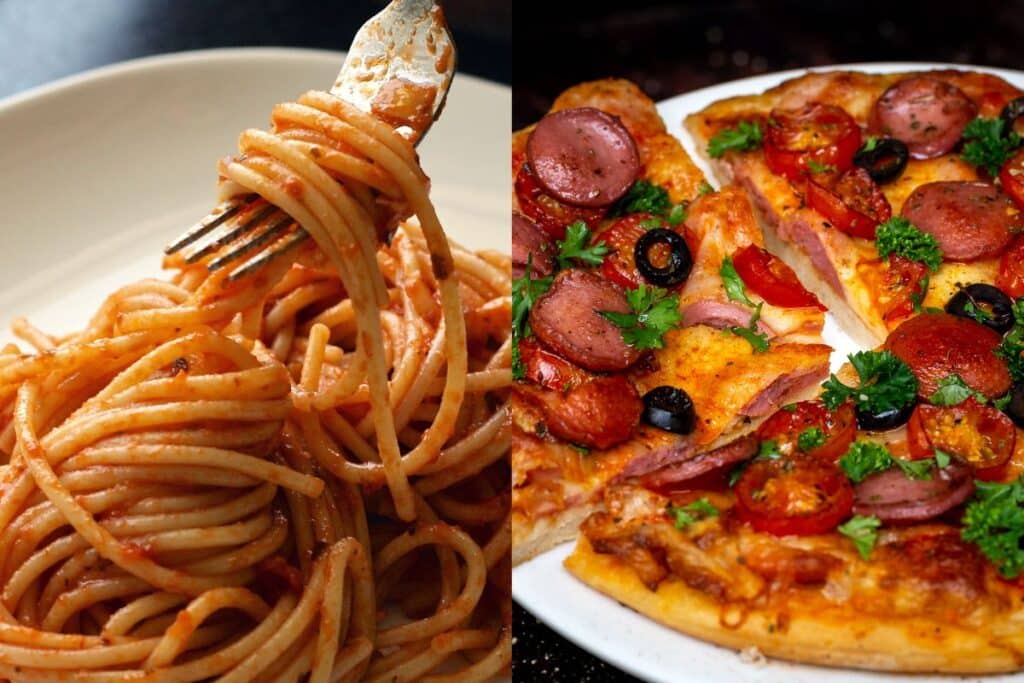 Spaghettis à la sauce tomate, pizza garnie