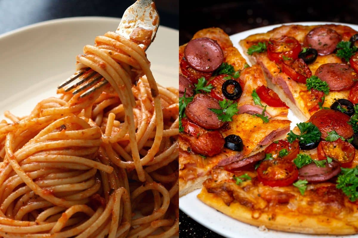 Spaghettis à la sauce tomate, pizza garnie