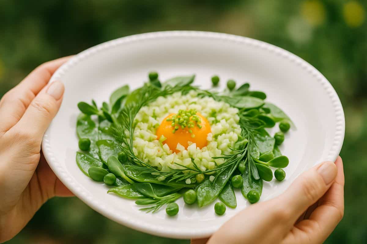 Plat végétarien coloré avec légumes verts et jaune.