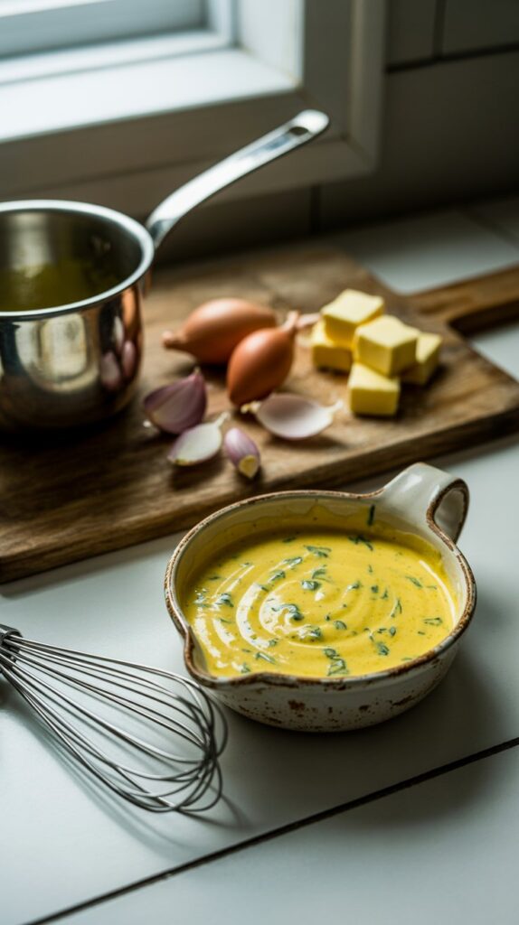 Sauce hollandaise et ingrédients sur une planche