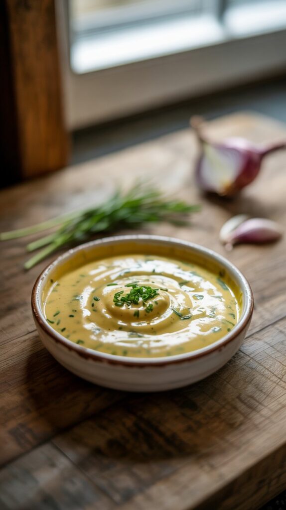Assiette de sauce crémeuse aux herbes fraîches.