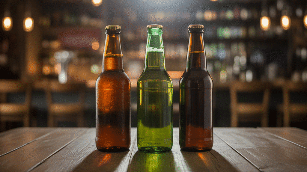 Trois bouteilles de bière sur une table en bois.