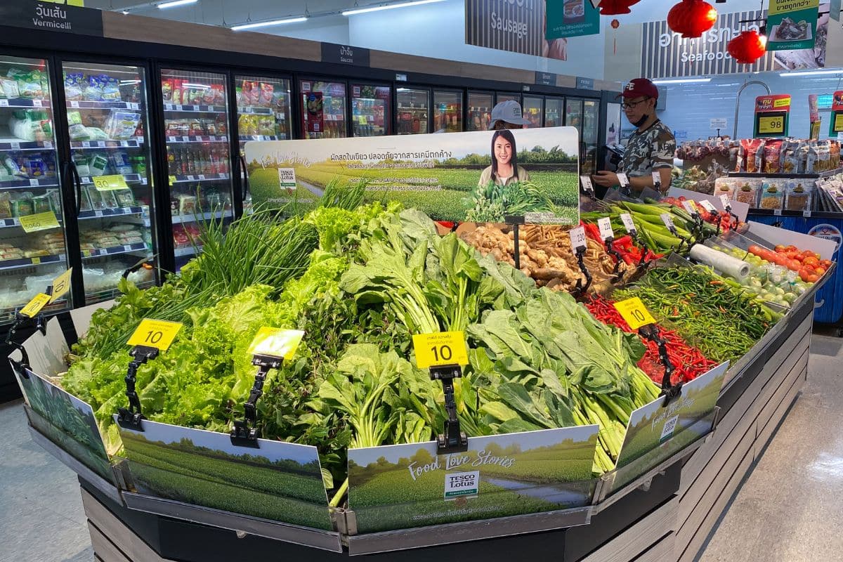 Étalage de légumes frais en supermarché.