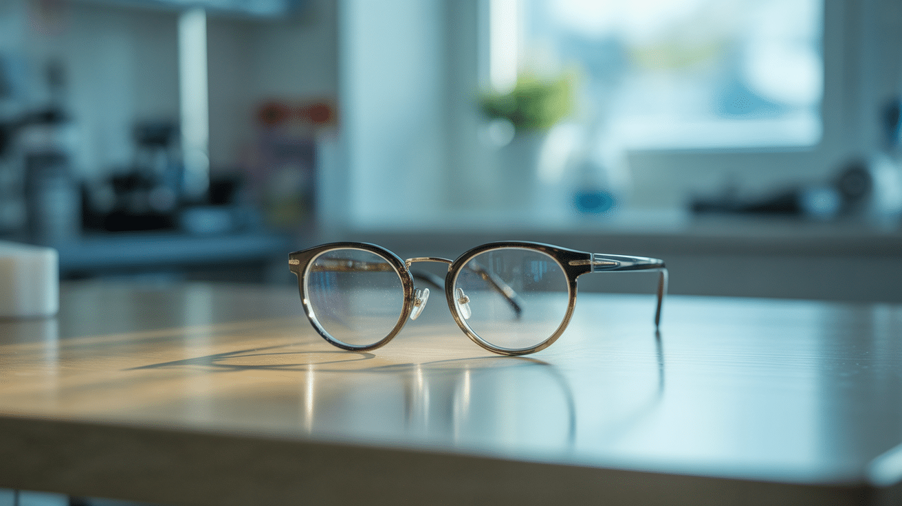 Lunettes rondes posées sur une table en bois.