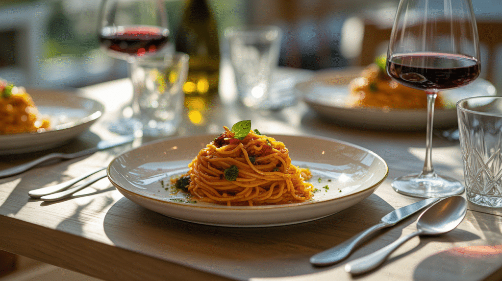 Assiette de spaghettis et verre de vin rouge.