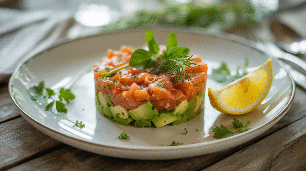 Tartare avocat saumon avec citron sur assiette blanche.