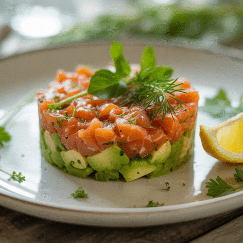 Tartare avocat saumon avec citron sur assiette blanche.